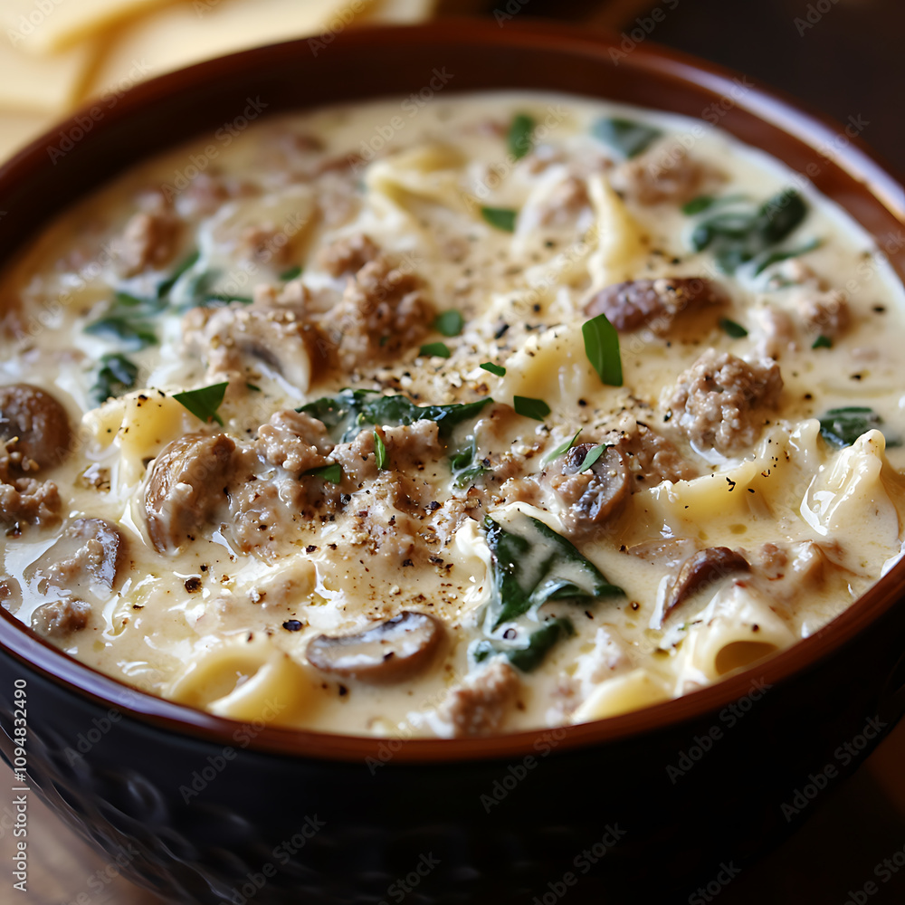 Creamy Alfredo lasagna soup with ground meat, noodles, and spinach. This comforting dish is perfect for cozy meal, rich in flavor and texture Creamy Alfredo lasagna soup with ground meat, noodles, and spinach. This comforting dish is perfect for cozy meal, rich in flavor and texture