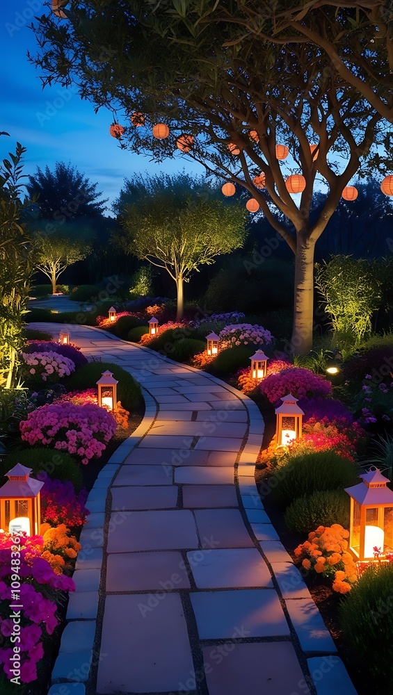 Fototapeta premium Enchanting Garden Pathway at Dusk with Lanterns and Blooming Flowers