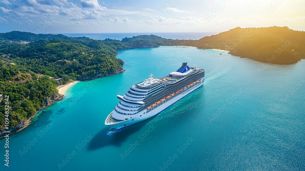 Fototapeta premium Cruise ship navigating through calm turquoise waters at sunset near lush island landscape