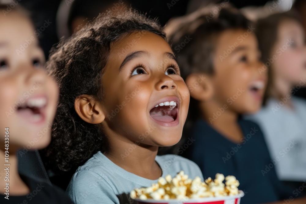 A group of joyful children watches a movie while happily cheering and enjoying their popcorn, capturing the essence of fun and excitement in a cinematic experience. A group of joyful children watches a movie while happily cheering and enjoying their popcorn, capturing the essence of fun and excitement in a cinematic experience.