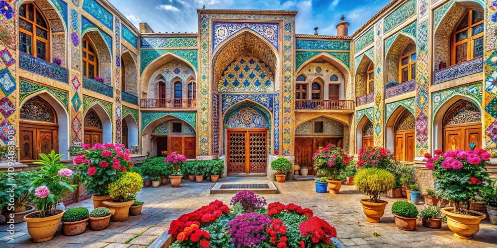 Obraz premium Architectural Beauty of Iran: A Stunning Display of Traditional Persian Architecture Framed by Vibrant Floral Arrangements and Colorful Gardens in a Unique Cultural Landscape