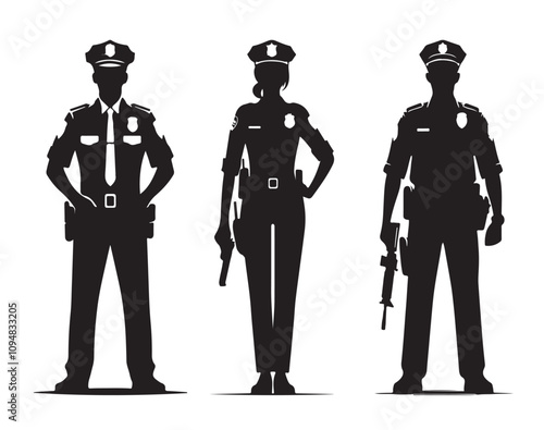 Police officer standing silhouettes vector illustration