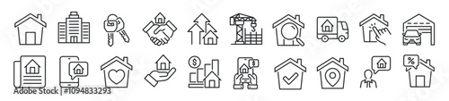 Set of line icons related real estate, house, asset, construction, mortgage. Editable stroke. 500x500px Perfect pixel on transparent background