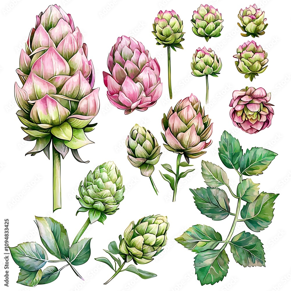 Fototapeta premium Watercolor illustration of a collection of pink and green hops flowers and leaves, isolated on white background.