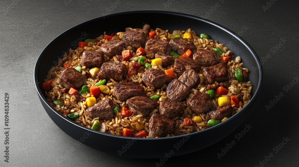 A high-angle view of a sizzling wok filled with hot fried rice, colorful vegetables, and succulent pieces of meat, capturing the cooking process in action. A high-angle view of a sizzling wok filled with hot fried rice, colorful vegetables, and succulent pieces of meat, capturing the cooking process in action.