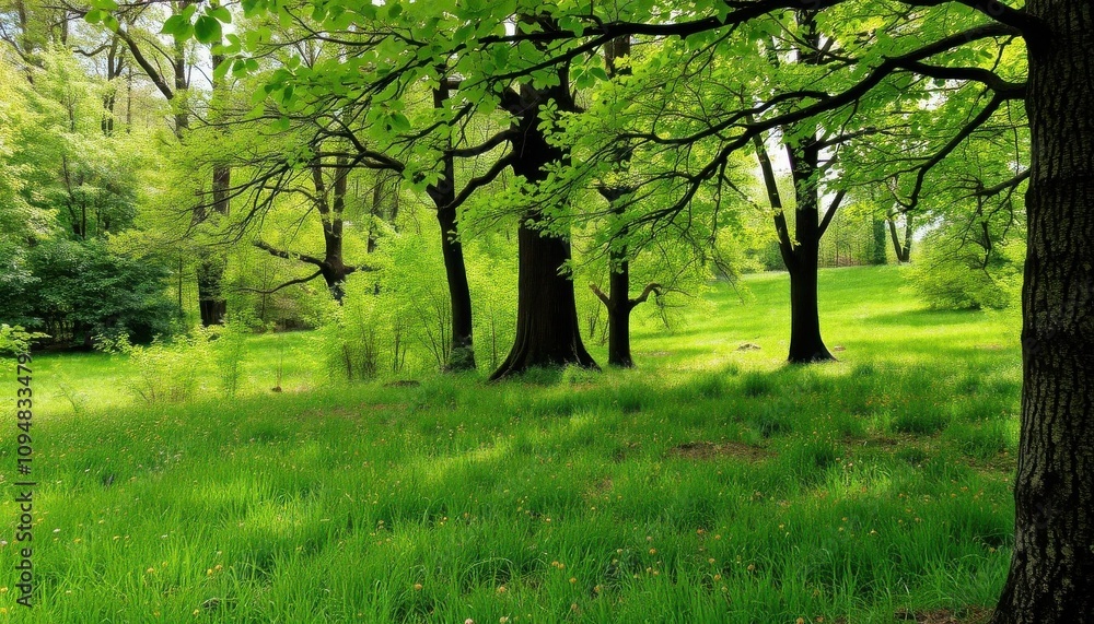 trees in a grassy area with green grass and yellow flowers trees in a grassy area with green grass and yellow flowers