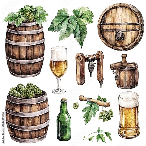 Watercolor Illustration of Beer Brewing Elements Barrels, Hops, Beer Glasses, and Tap.