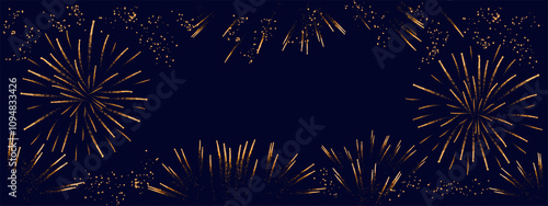 Beautiful fireworks with shining sparks, festive background with copy space. Vector illustration