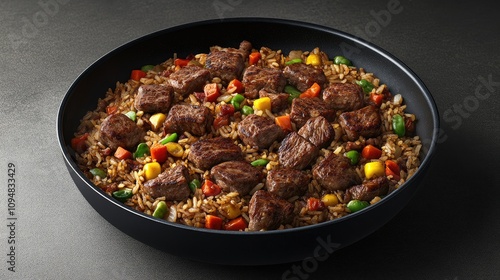 A high-angle view of a sizzling wok filled with hot fried rice, colorful vegetables, and succulent pieces of meat, capturing the cooking process in action.