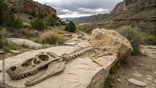 Raptors bones in stone in nature. A skeletonized lizard is laying on a rock. Dinosaur bones. photo