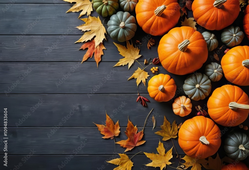 A flatlay of different sized pumpkins and autumn leaves on a wooden table A flatlay of different sized pumpkins and autumn leaves on a wooden table