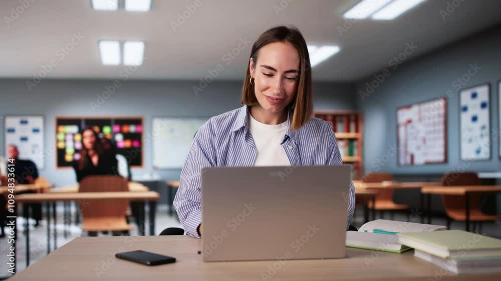 Student Girl In Classroom Using Laptop Student Girl In Classroom Using Laptop
