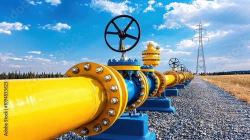 Industrial Pipeline System for Transportation of Oil and Gas with Valves and Electrical Power Lines Under Clear Blue Sky in a Rural Landscape