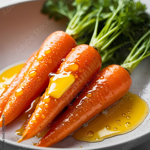 Close up food photograph of three whole cooked carrots with leaves drizzled with butter photo