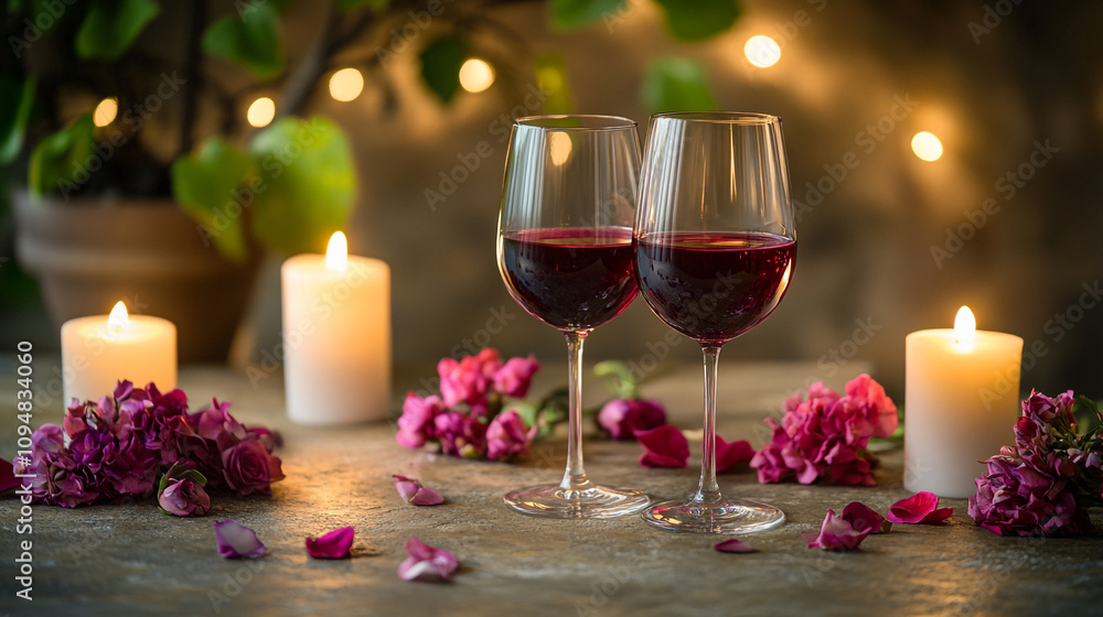 Romantic setup for a perfect Valentine's Day evening with wine and candles Romantic setup for a perfect Valentine's Day evening with wine and candles