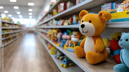 The lively toy store background is adorned with rows of vibrant shelves brimming with an array of playful toys in every hue imaginable. photo