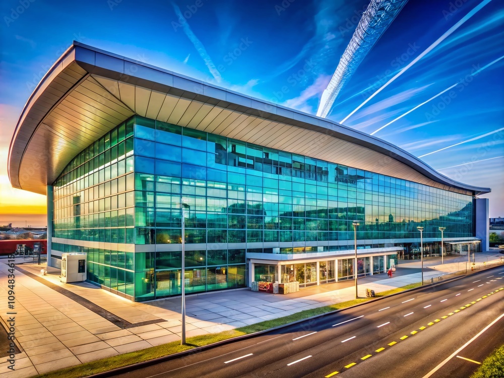 Naklejka premium Architectural Photography of Manchester England Airport Showcasing Modern Design, Dynamic Structures, and Unique Aesthetic Elements in a Captivating Urban Landscape