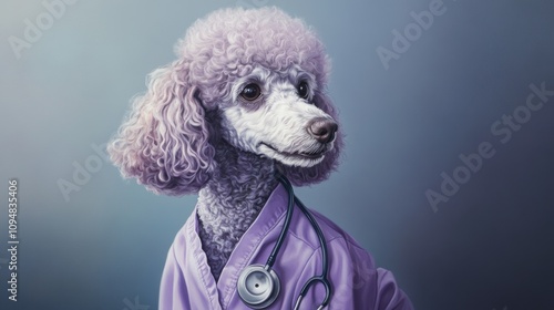 A poodle wearing a light purple veterinary coat and stethoscope exhibits a friendly demeanor in a well-lit, minimalist veterinary clinic environment, ready to assist animals. photo