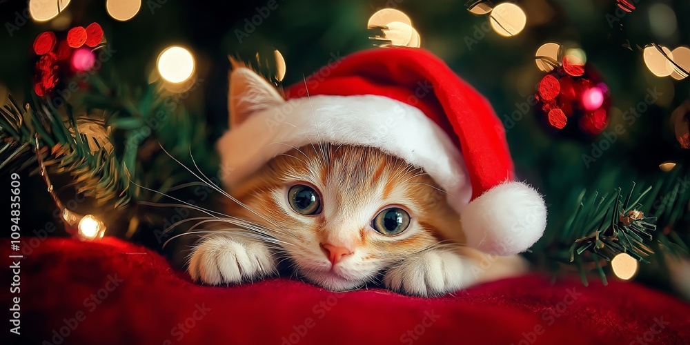 This adorable kitten, wearing a Santa hat, captures the festive spirit and charm of Christmas celebrations. This adorable kitten, wearing a Santa hat, captures the festive spirit and charm of Christmas celebrations.