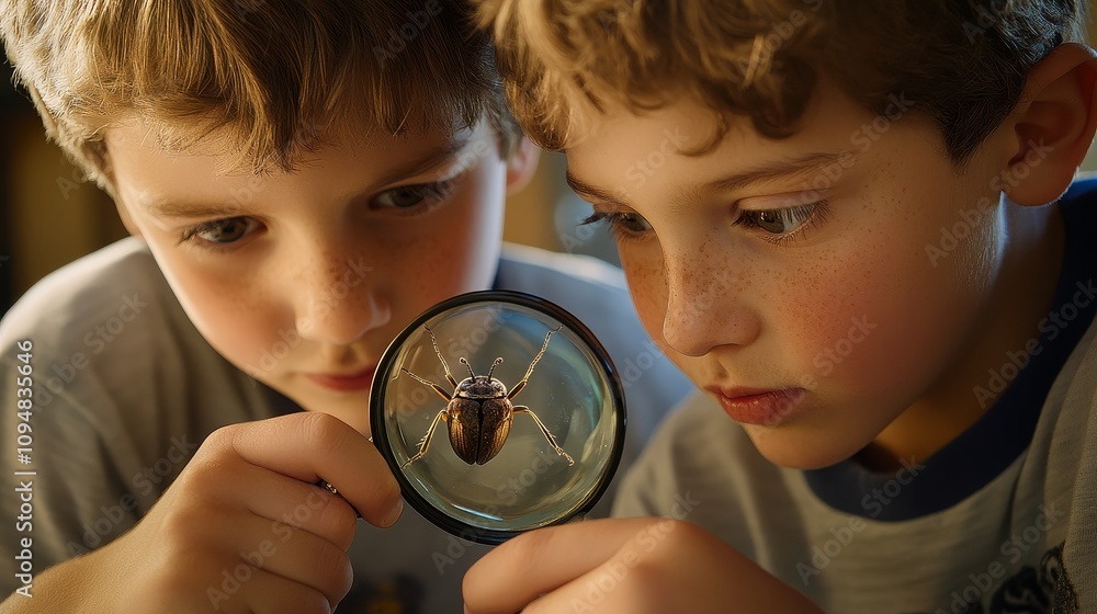 Fototapeta premium Curious Twin Boys Examining Bug with Magnifying Glass, Childhood Exploration Concepts