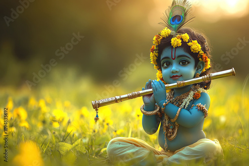 Cute baby Lord Krishna plays th in a green field with yellow flowers, in a cartoon style, fantasy background, 3D rendering. peacock feather on his head, blue or black skin tone. Hinduism Hare Krishnas