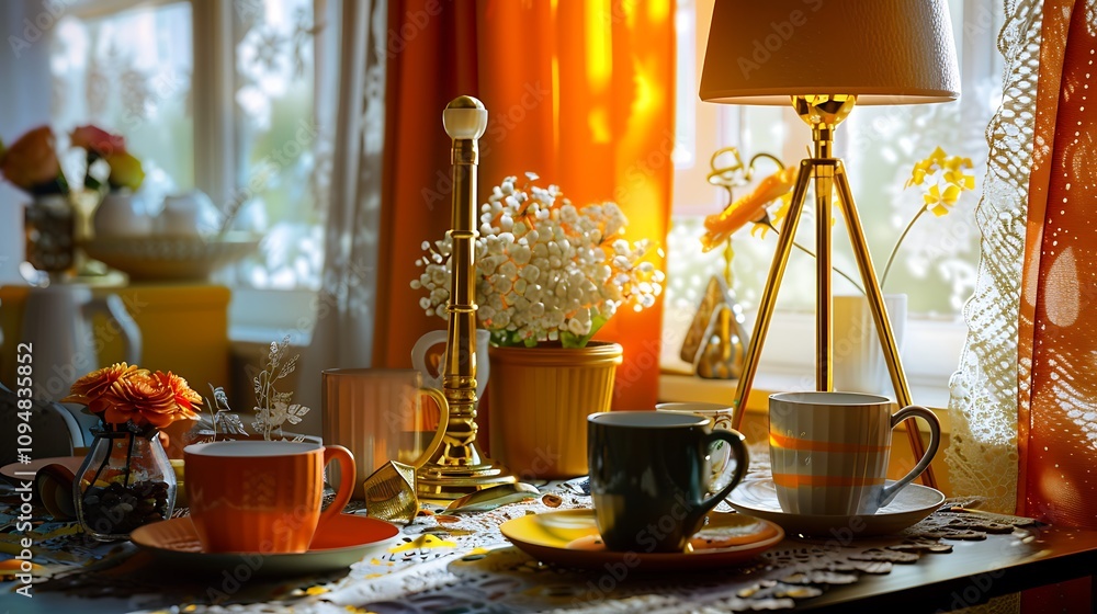 Detailed shot of a hotel room table with coffee mugs, plates, soft light from the window, lace curtains, flowers on the desk, and a golden lamp stand, featuring colors of orange, yellow, white,