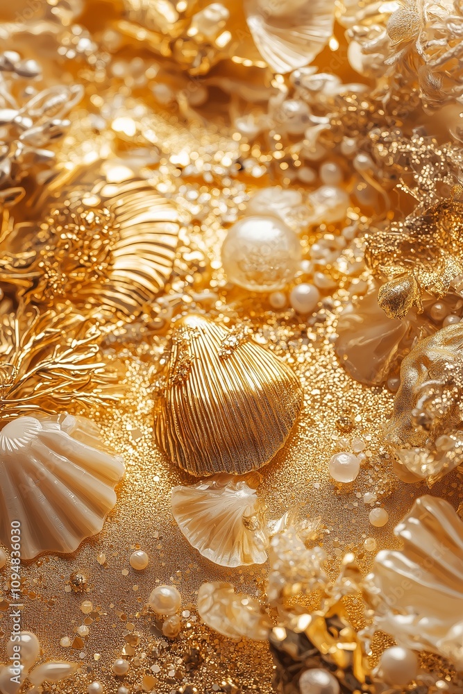 A collection of golden seashells and decorative objects creates a luxurious arrangement for artistic themes. A collection of golden seashells and decorative objects creates a luxurious arrangement for artistic themes.