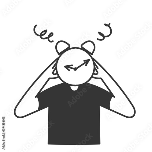 person with alarm clock head and face feeling worried and confused in doodle drawn sketch cartoon