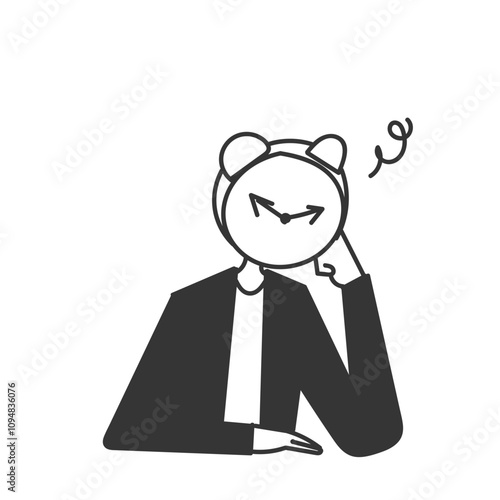 person with alarm clock head and face feeling worried and confused in doodle drawn sketch cartoon