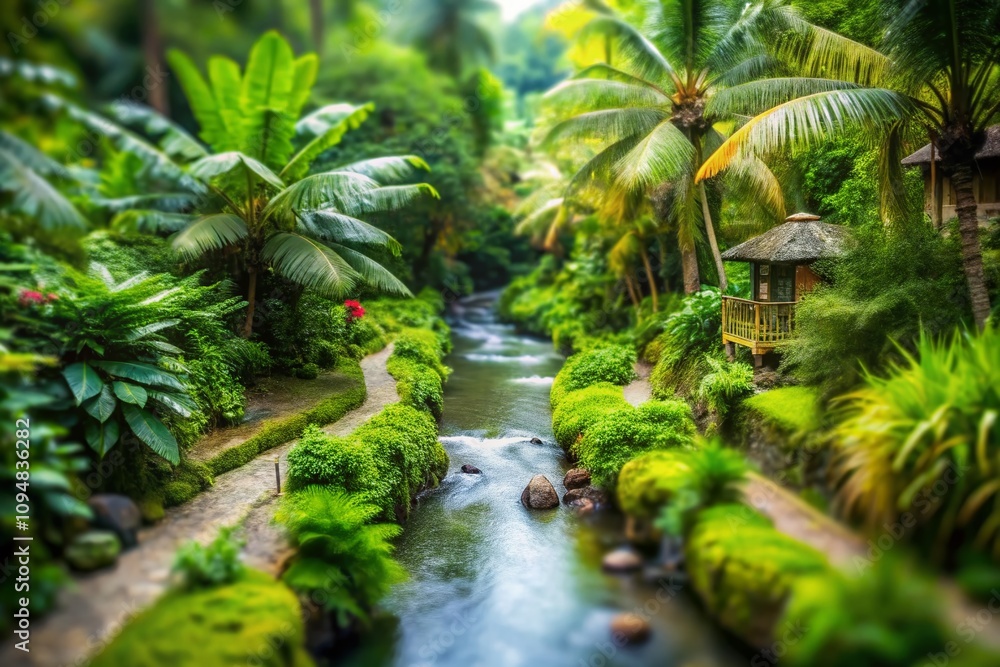 Fototapeta premium A Serene Tilt-Shift View of a Small Stream in Ubud, Bali, Surrounded by Lush Greenery and Tropical Flora, Capturing the Essence of Paradise and Tranquility in Nature's Embrace