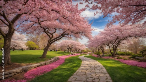 A serene path lined with blooming cherry blossom trees in a vibrant park setting.