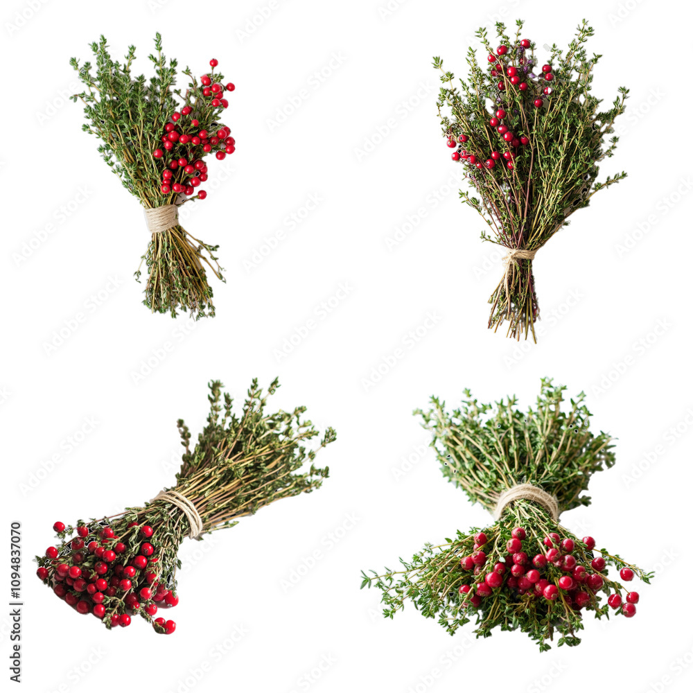 Fototapeta premium Fresh red berries and green herbs arranged in bundles for decoration