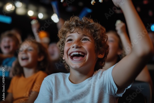 A joyful child laughing and enjoying a fun movie experience with friends, encapsulating the pure joy of childhood in a vibrant cinematic environment.