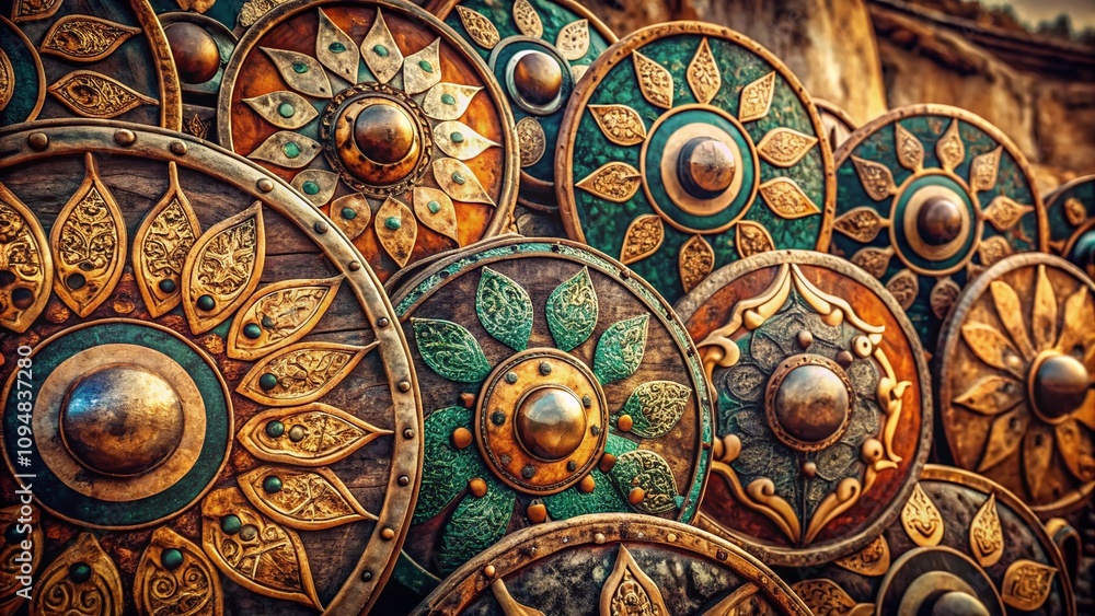 A Stunning Display of Round Shields Arranged in a Dynamic Composition Highlighting Historical Artistry and Craftsmanship in a Natural Setting with a Focus on Texture and Detail A Stunning Display of Round Shields Arranged in a Dynamic Composition Highlighting Historical Artistry and Craftsmanship in a Natural Setting with a Focus on Texture and Detail