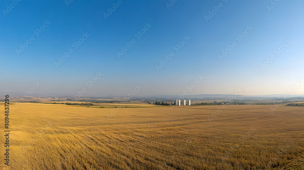 Grain silos in the foreground with a wide-open farmland stretching into the distance, depicting agricultural prosperity and the essential role of farming infrastructure in modern food production and s Grain silos in the foreground with a wide-open farmland stretching into the distance, depicting agricultural prosperity and the essential role of farming infrastructure in modern food production and s
