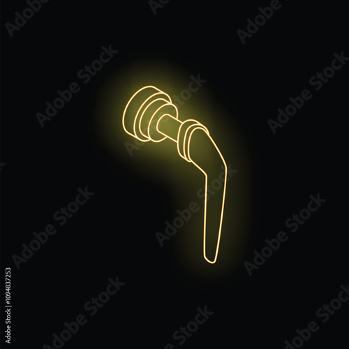 Yellow neon sign of a simple door handle glowing on a black background