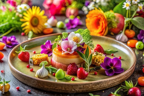 Wallpaper Mural A Stunning Display of Unique Flowers Complementing Exquisite Gourmet Dishes in a Bright, Elegant Setting, Perfect for Food Photography and Culinary Art Enthusiasts Torontodigital.ca