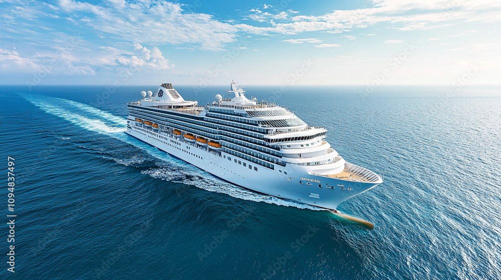 Cruise ship sailing through calm ocean waters under a bright blue sky Cruise ship sailing through calm ocean waters under a bright blue sky