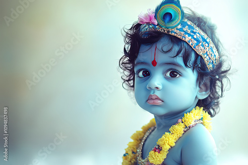 Cute baby Lord Krishna,  fantasy background, peacock feather on his head, blue or black skin tone. Hinduism Hare Krishnas photo