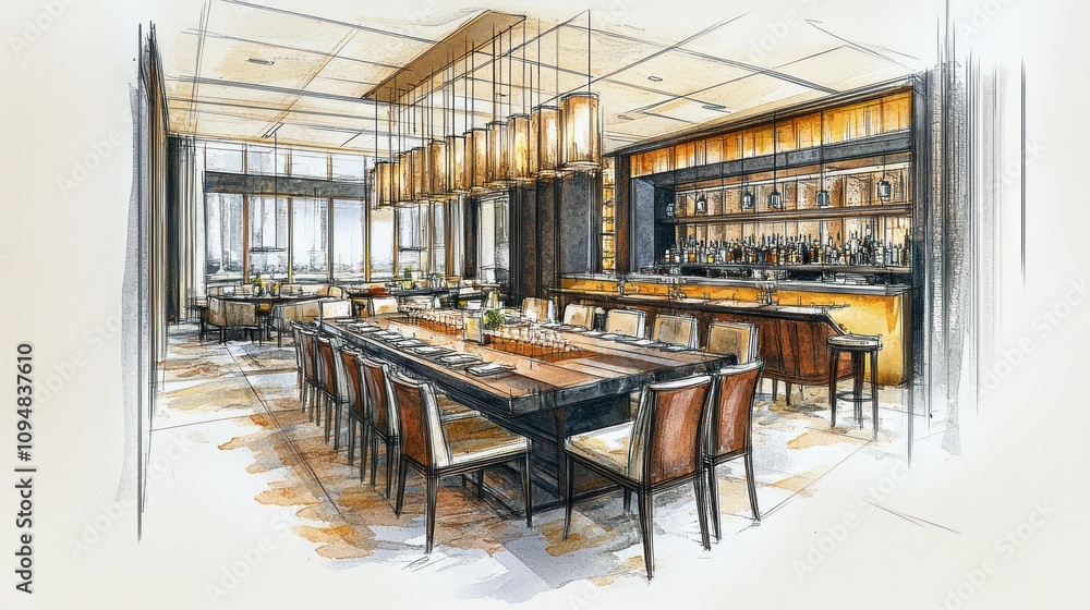 Naklejka premium Elegant Restaurant and Bar Design Sketch: A Luxurious Dining Experience