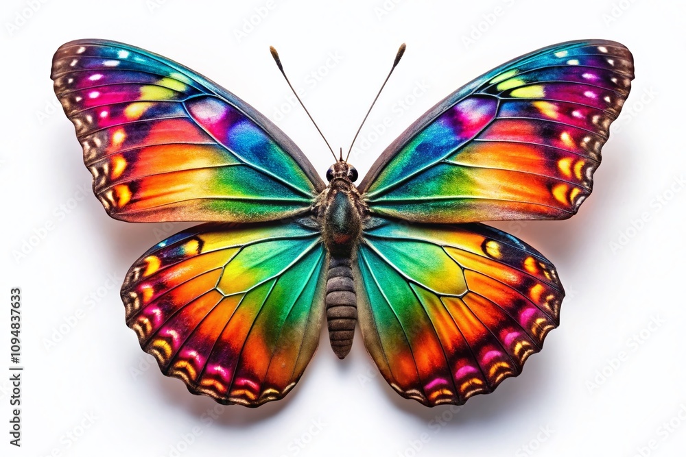 Fototapeta premium A Stunning Night Photography of a Colorful Butterfly Isolated on a White Background, Showcasing Vibrant Patterns and Details for Nature Enthusiasts and Art Lovers