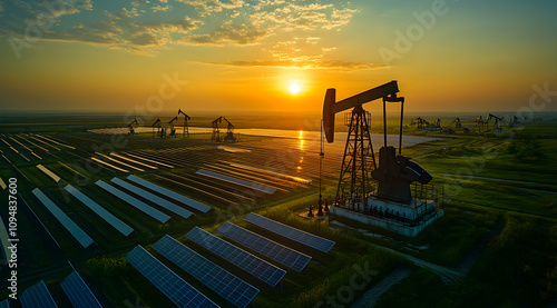 A serene sunset landscape featuring oil pumps juxtaposed with solar panels, highlighting the coexistence of traditional and renewable energy sources.