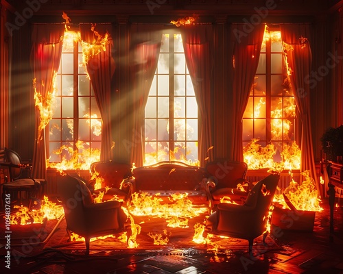 Dramatic fire in the living room of an elegant house, large windows with curtains burning, armchairs and furniture in flames, captured in ultra realistic, cinematic photography. photo