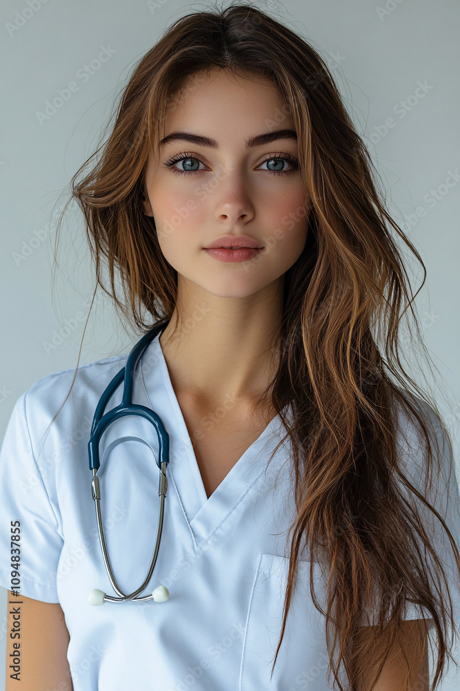 Professional Portrait of a Young Female Healthcare Worker Wearing Medical Scrubs and a Stethoscope, Emphasizing Confidence, Care, and Approachability in a Natural Light Setting Professional Portrait of a Young Female Healthcare Worker Wearing Medical Scrubs and a Stethoscope, Emphasizing Confidence, Care, and Approachability in a Natural Light Setting