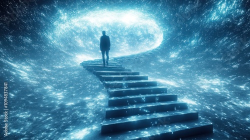 The Celestial Ascent: A Man Walks Towards a Glowing Portal in a Starry Sky