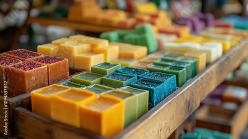 Close-up showcases colorful Ecuadorian soap crafted from natural ingredients on wooden trays