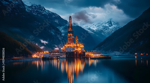 An illuminated oil rig stands in calm waters, surrounded by majestic mountains, reflecting the evening sky's hues.