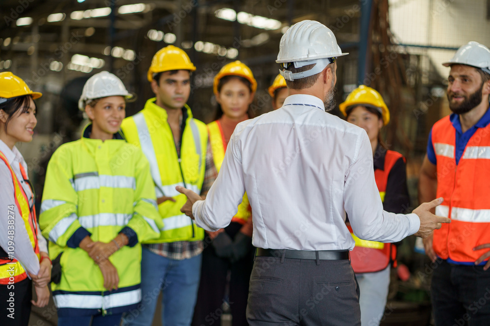 group of diversity engineer factory worker standing in morning meeting with business man manager or executive boss leader team talking and brief in industry manufacturing warehouse. back or rear view group of diversity engineer factory worker standing in morning meeting with business man manager or executive boss leader team talking and brief in industry manufacturing warehouse. back or rear view