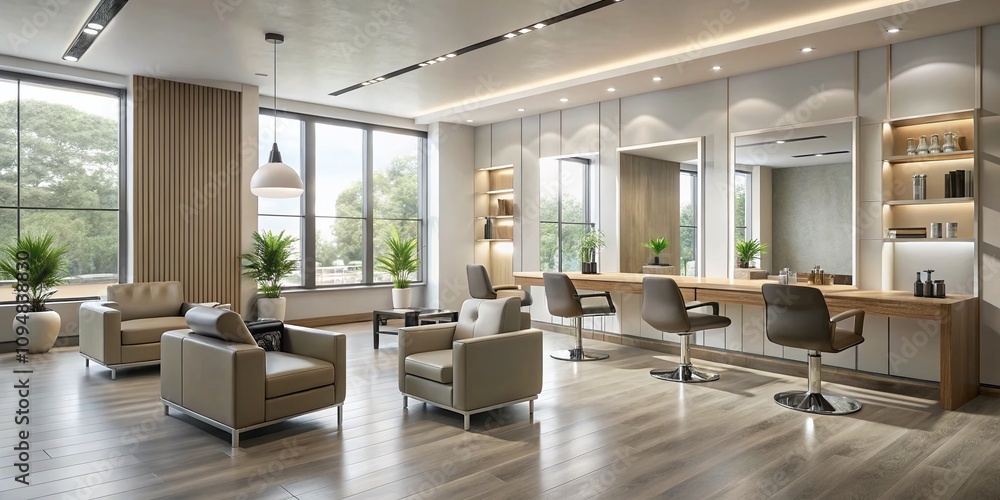 Fototapeta premium A Tranquil Minimalist Hair Salon Interior Featuring Sleek Furniture, Soft Lighting, and Natural Elements for a Modern and Inviting Atmosphere