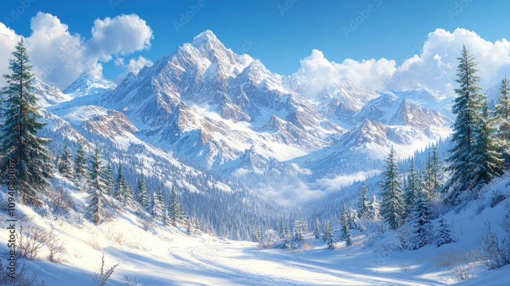 Majestic Winter Wonderland: Snow-Covered Mountains and Frosty Pines Majestic Winter Wonderland: Snow-Covered Mountains and Frosty Pines
